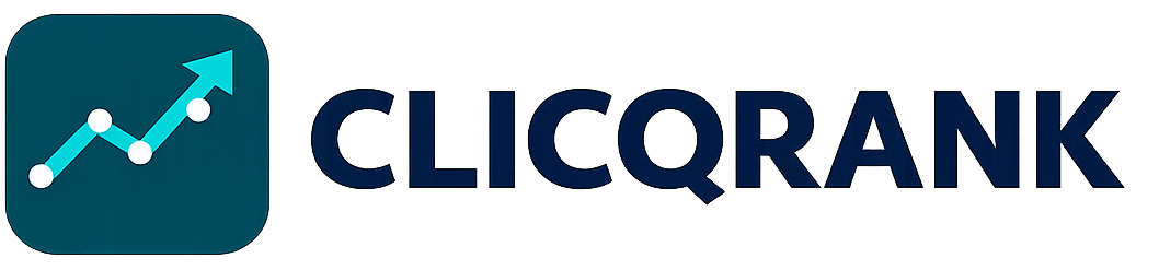 Modern minimalist CLICQRANK logo with teal upward chart icon and bold wordmark