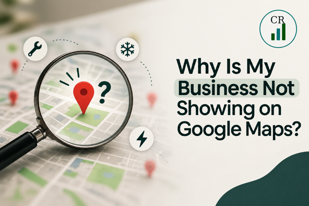 Magnifying glass over a map pin with a question mark, illustrating how to diagnose a business missing from Google Maps