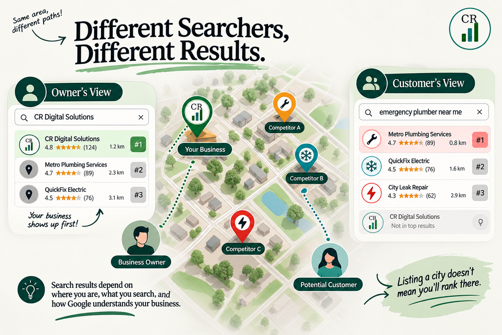 Map showing an owner and a customer at different locations, each seeing local businesses in a different order