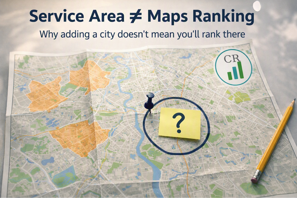 Paper city map with three highlighted neighborhoods and one circled area with a question mark, showing that listing a city as a service area does not guarantee a Google Maps ranking